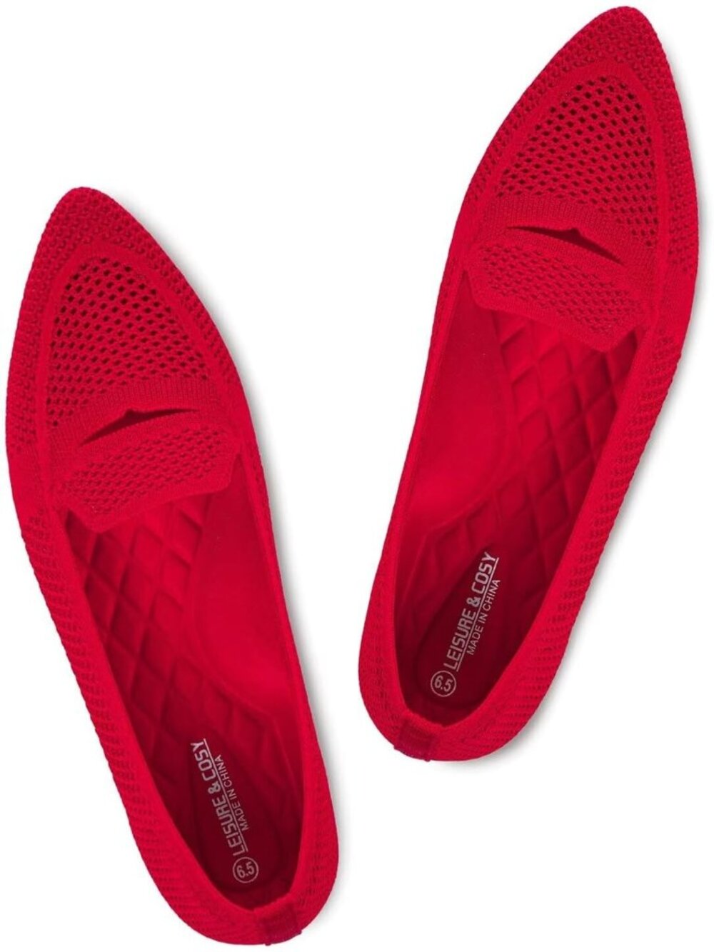 Women's Red Pointed Toe Penny Dressy Ballet Knit Mesh Slip On Flat Loafer Shoes